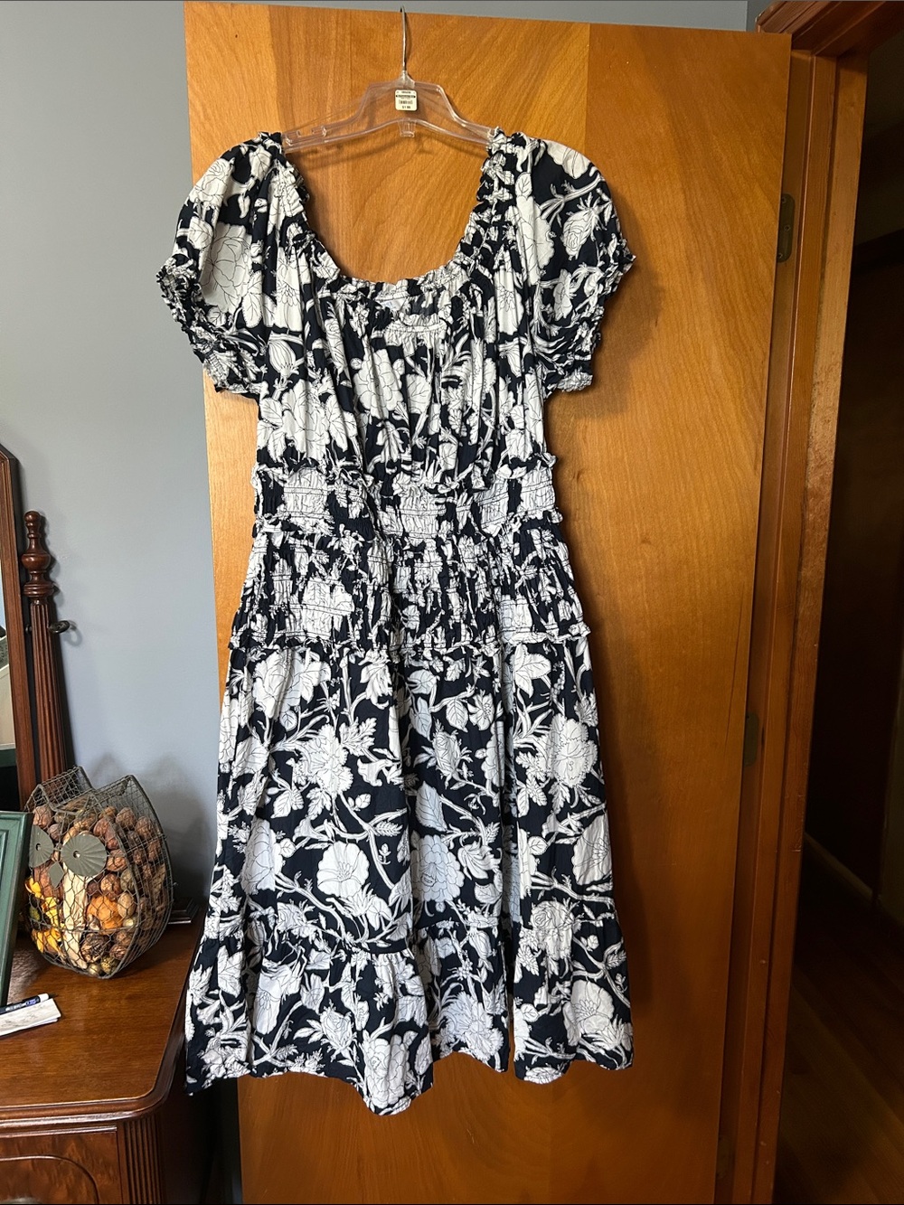 Time and Tru Navy and White Floral Smocked Midi Dress with Puff Sleeves